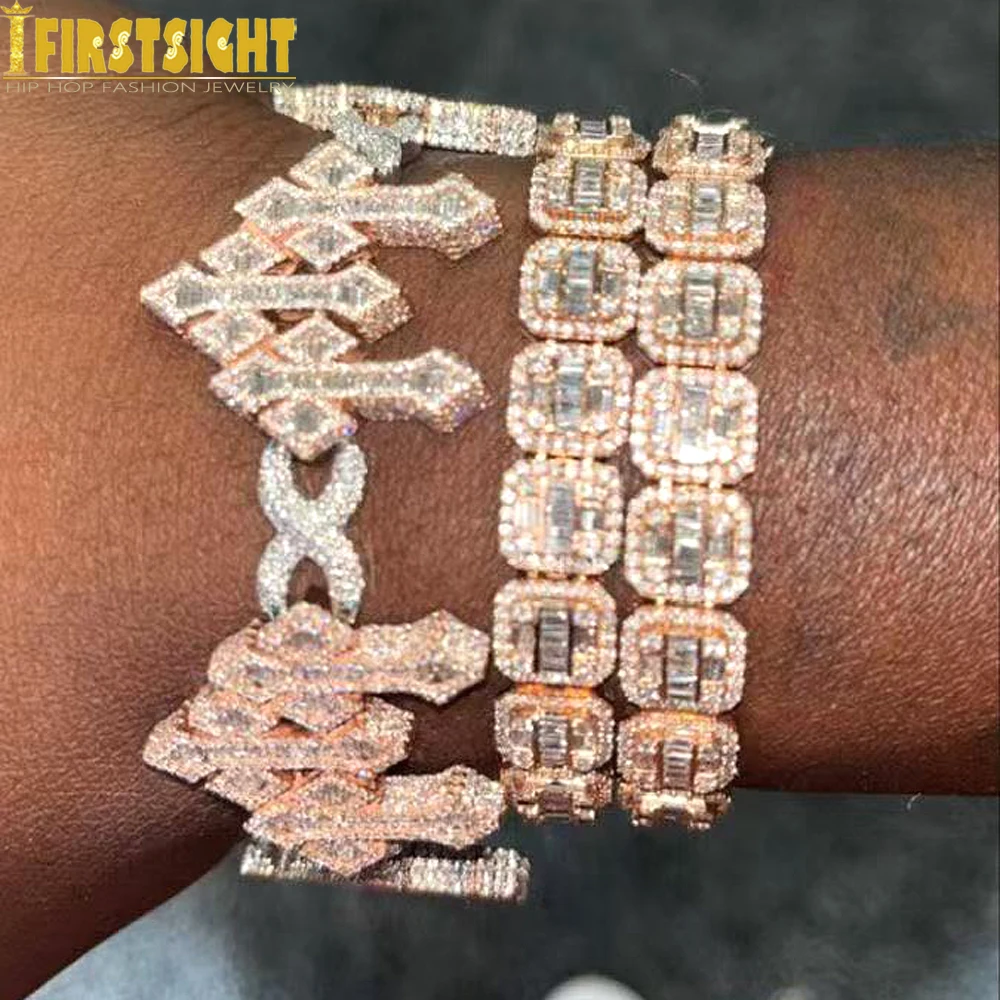 New Iced Out Three Cross Infinity Chain Big Charm Bracelet Two Tone Rose Gold Color Cubic Zirconia For Women Men Hip Hop Jewelry