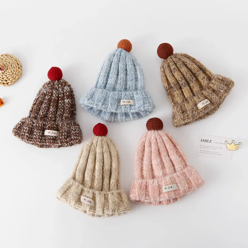 

Детские шапки, осенние и зимние вязаные шерстяные шапки для мальчиков и девочек, термонаушники, милая детская шапка с мячом