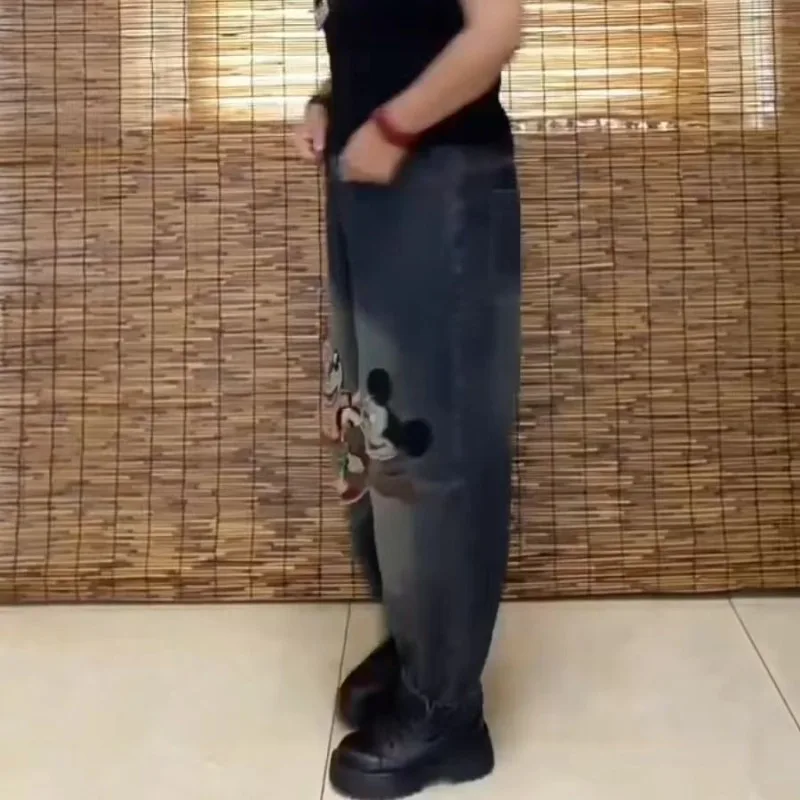 

jeans Elastic Waist Loose Mickey Embroidery Patch Vintage Denim Dad Pants Women 2026 Fall Retro Harem Jeans джинсы женские