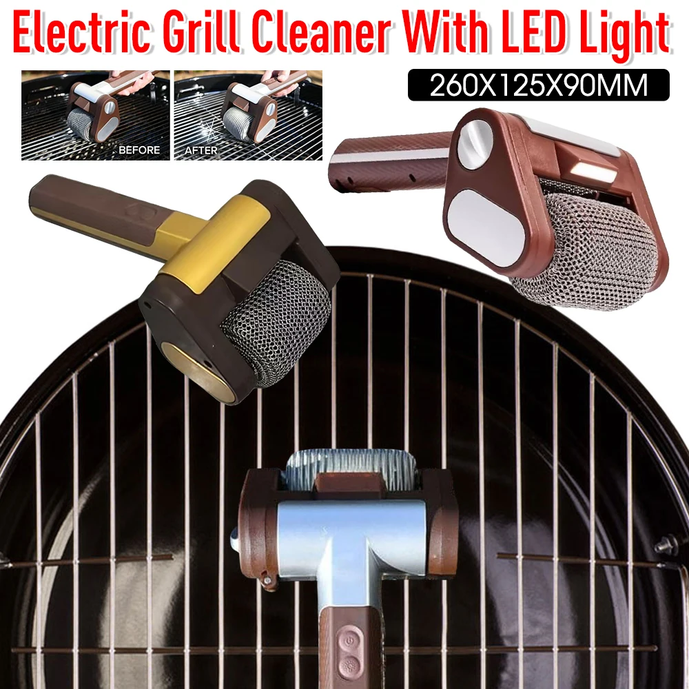 

Electric Grill Cleaner Stainless Roller Grill Cleaner Brush With LED Light Power Roller Rope-Brushless Bristle BBQ Accessories