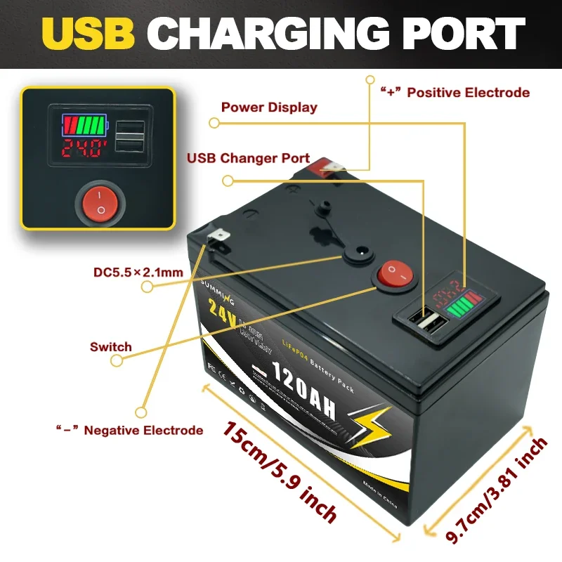 

24V 120Ah Lithium 5000+Cycles LiFeP04 Rechargeable Battery for Solar/Wind Power,Small UPS,Lighting,Power Wheels,Fish Finder