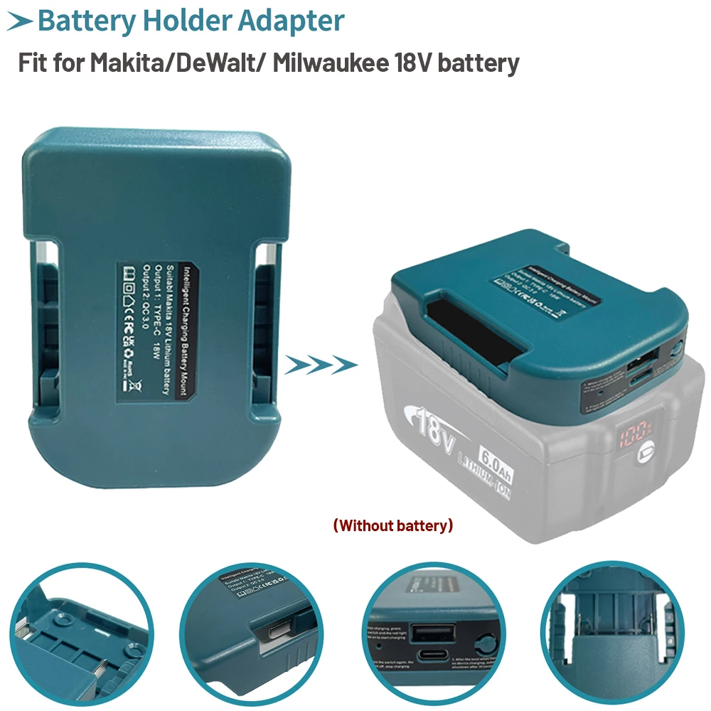 

Intelligent Charging Battery Adapter Compatible For Makita/ Dewalt /Milwaukee 18V Li-ion with USB Type-C Battery Holder