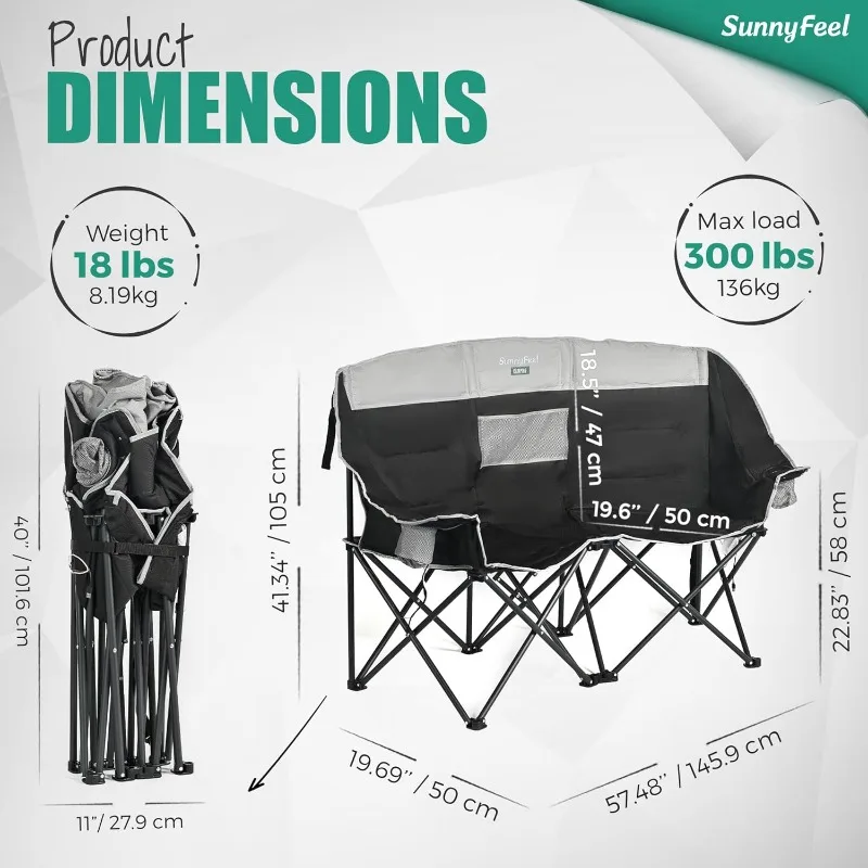 SUNNYFEEL Heated Double Camping Chair, Oversized Folding Loveseat Chair, Heavy Duty Portable/Foldable Lawn Chair for Beach/