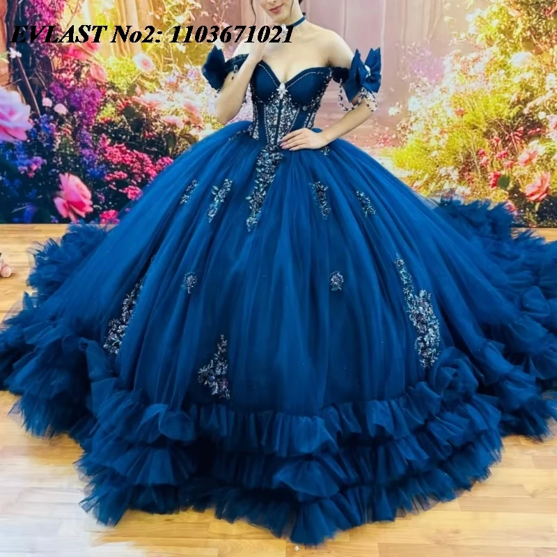 EVLAST Customized Navy Blue Ball Gown Quinceanera Dress Off Shoulder Applique Beading Tiered Sweet 16 Vestidos De 15 Anos E2Q48