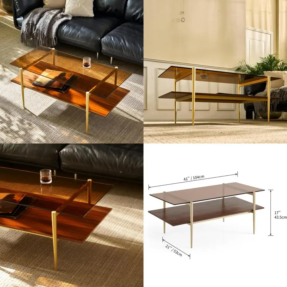 طاولة قهوة زجاجية بطبقة مزدوجة من Saint Mossi Tadio لغرفة المعيشة، زجاج بني ورف سفلي من MDF باللون البني #1