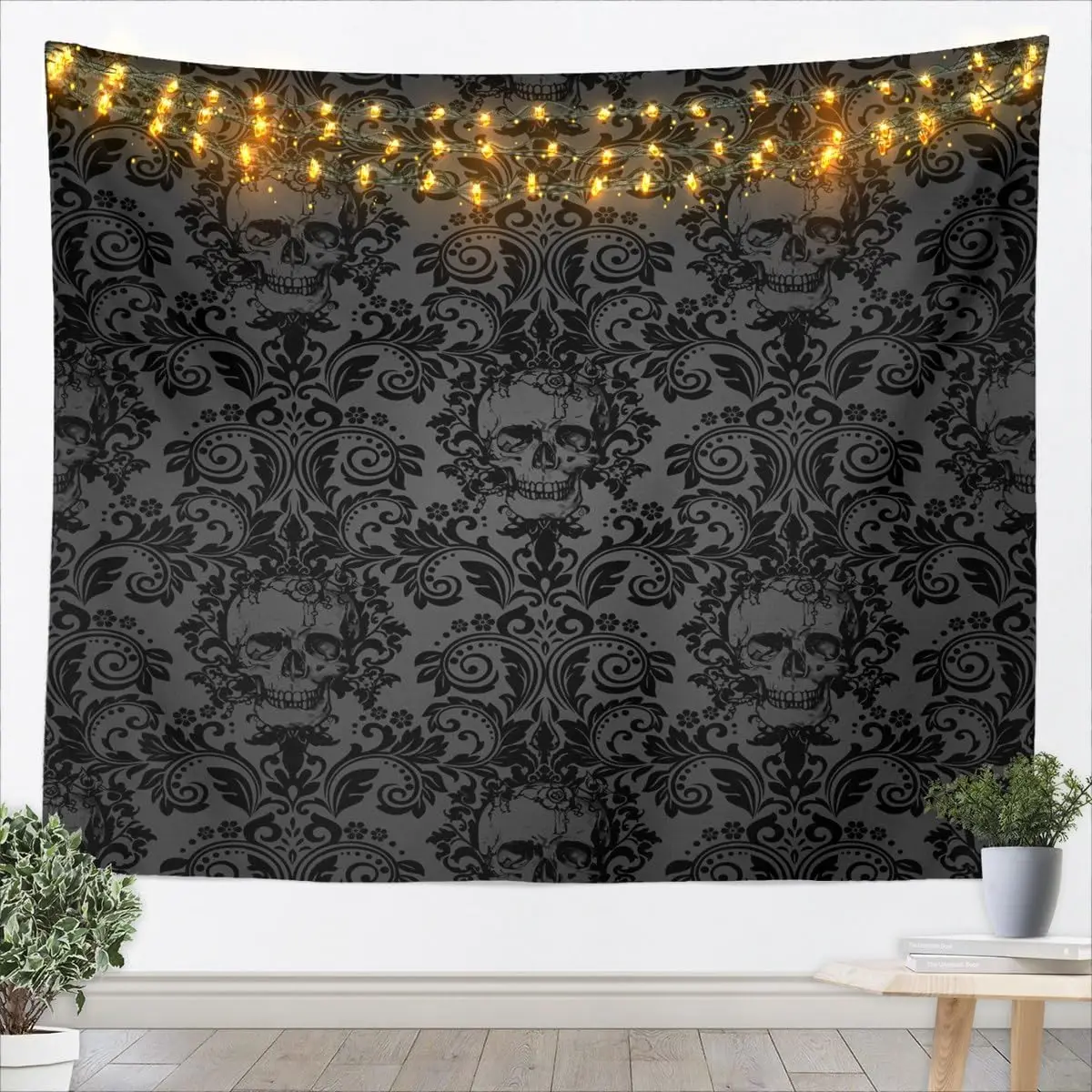Gotischer Totenkopf-Wandteppich mit Damastmuster, Wandkunst für Wohnzimmer, Schlafzimmer, Goth-Bohemian-Wandbehang, Decke, Rosa-Weiß, Heimdekoration