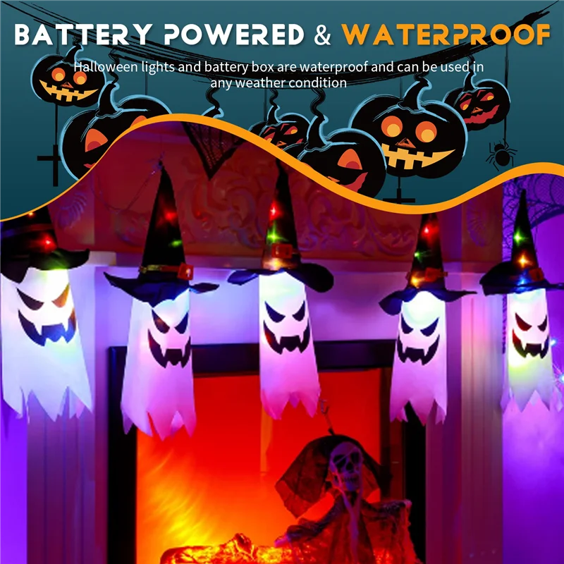 

Halloween LED Flashing Light Hanging Ghost Halloween Party Dress Up Glowing Wizard Hat Lamp Horror Props Home Bar-AA70