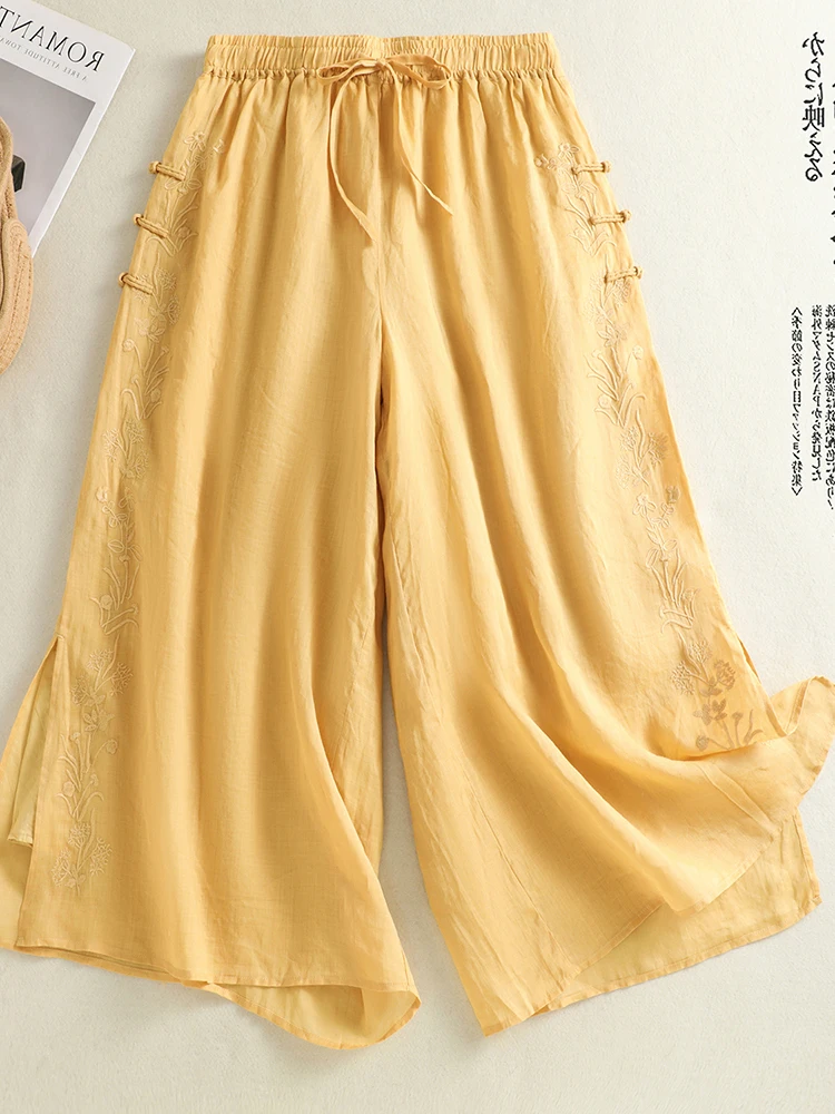 

Широкие брюки Ele с вышивкой, высокой талией, эластичным поясом, двойным слоем и свободным кроем, повседневные, для женщин больших размеров