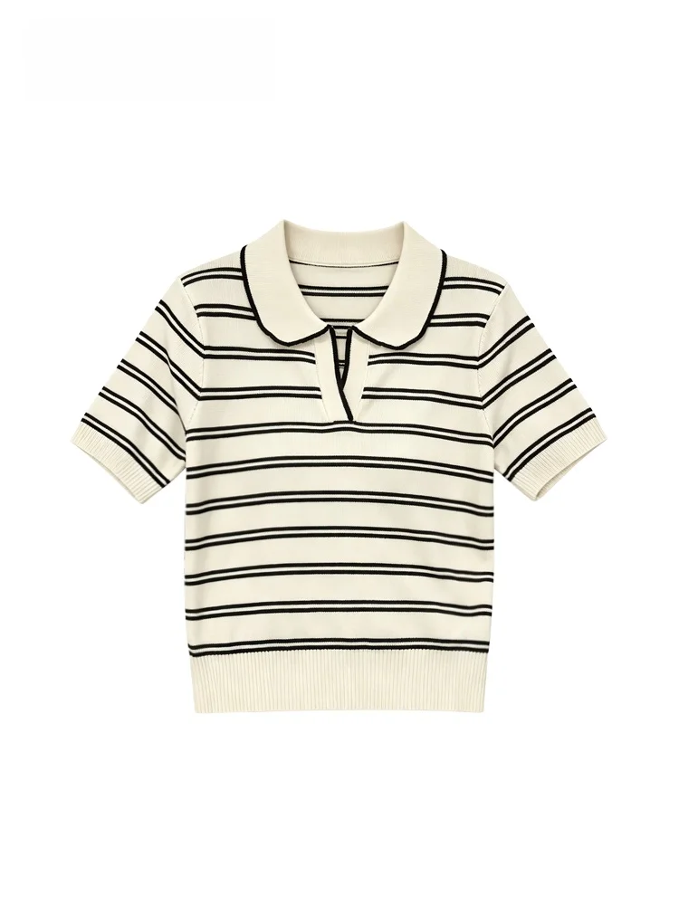 

Loose Striped Women's T-shirt Short Sleeve plus Size Summer New Style Cover up Top Casual Comfortable Knitted Polyester