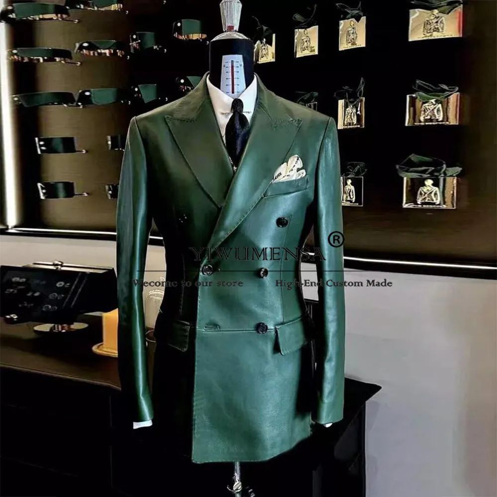 Vintage Green Faux Leather Suits Men Double Breasted Jacket Pants 2 Piece Man Daily Business Office Wear Prom Blazer Tailor-made