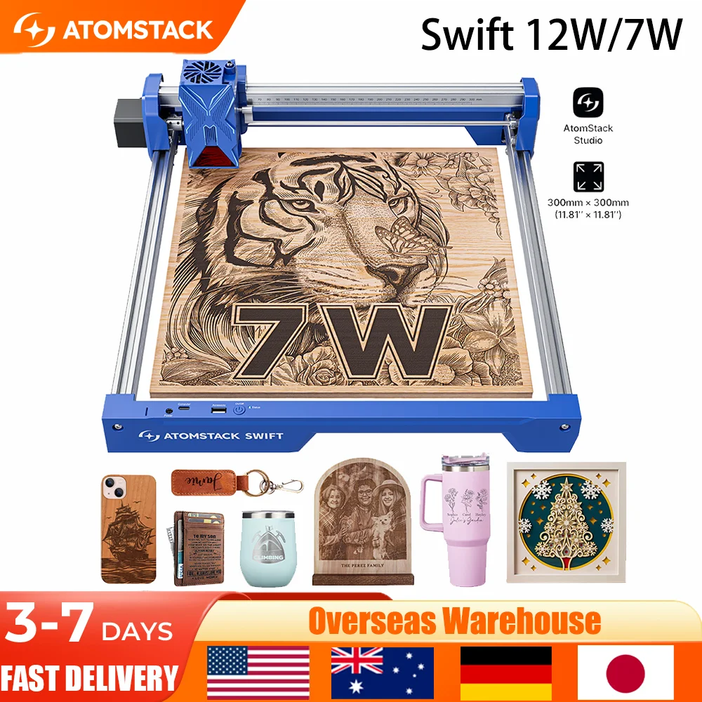 ATOMSTACK SWIFT Portable Laser Engraving Machine 12W 7W Laser Engraver Wood working Tools Diy Dog tags Acrylic Metal 300*300mm