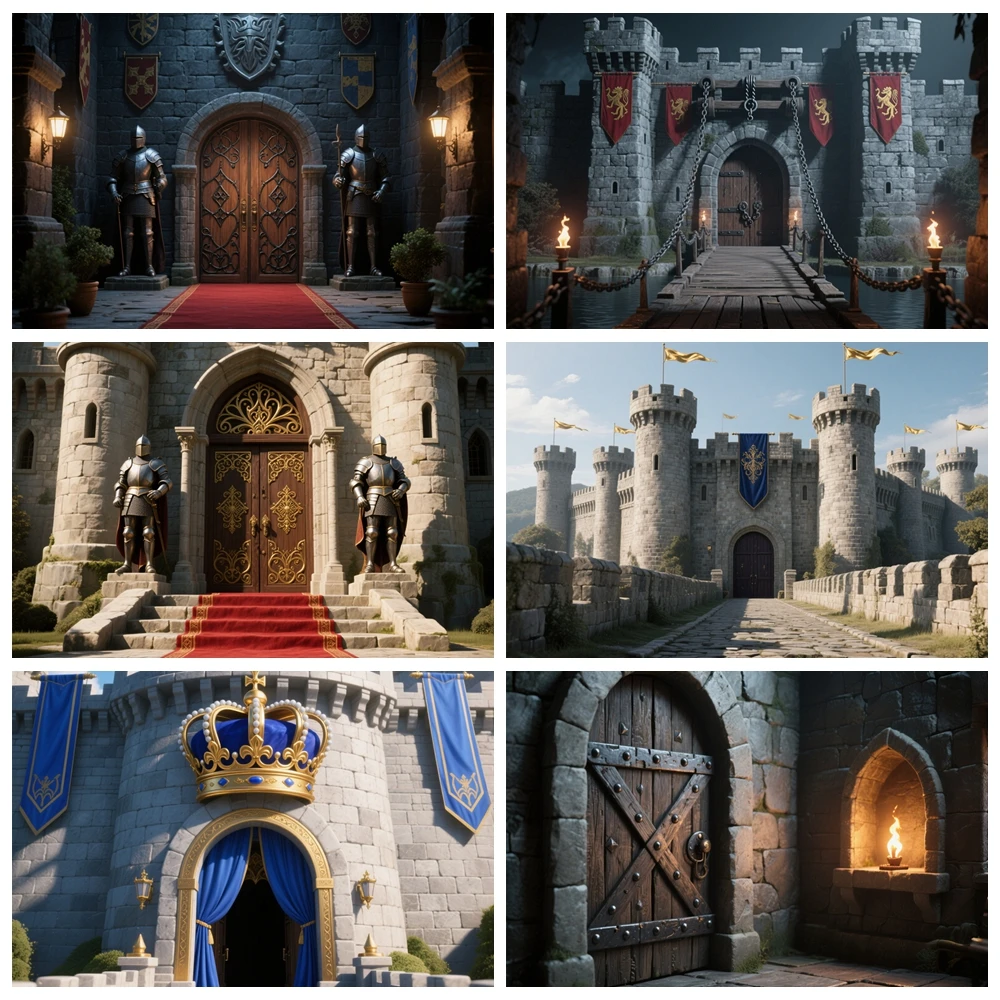 Medieval Stone Castle Torchlight Battlement Drawbridge Backdrop Custom Photo Booth Boys Birthday Baby Shower Studio Photography