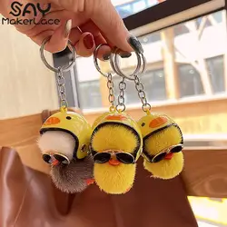 1PCS Unique Funny Plush Toy Duck Keychain With Helmet Key Ring Creative Colorful Animal For Women Gift Women Bag Car Keychain