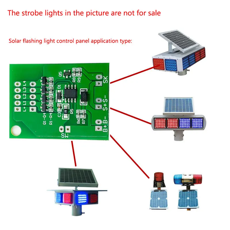 Four channel 3.7V lithium battery solar flashing light control board solar red and blue warning light circuit board PCBA