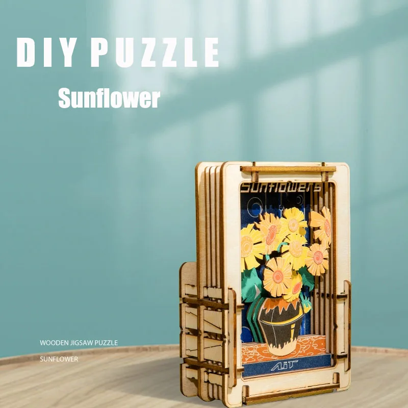 DIY Three-Dimensional Buildings Wooden Puzzle Van Gogh Sunflower Pen Holder Model Jigsaw Assemble Toys Children Girl Adult Gift