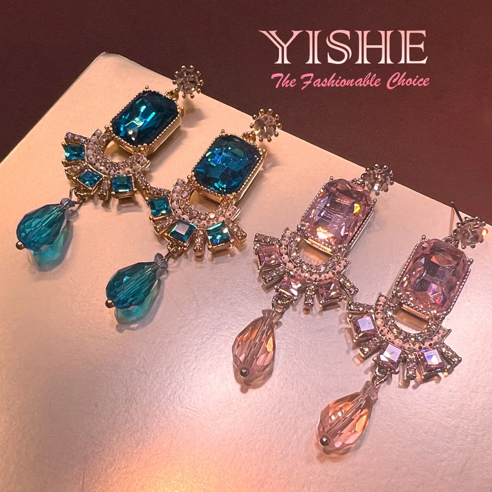 New Chinese lace water drop full diamond earrings, colored treasure plated real gold S925 high-end earrings wholesale from the s