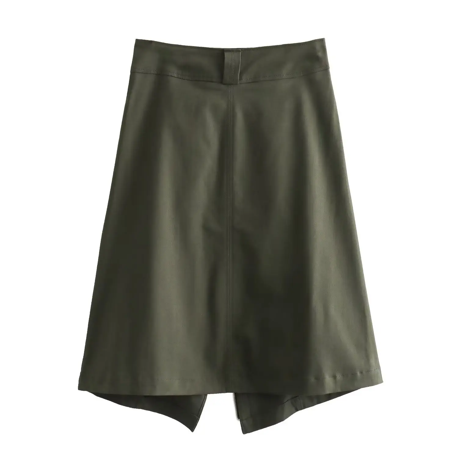 Dave&Di Fashion Blogger Retro Asymmetric Split Skirt With High Waist Military Green Casual Zipper Midi Skirt Women