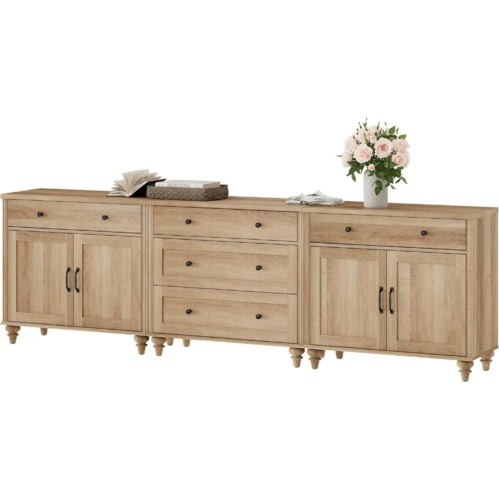 خزانة جانبية من الخشب الحبيبي العتيق مع 5 أدراج و4 أبواب، بوفيه تخزين مع قهوة لغرفة الطعام