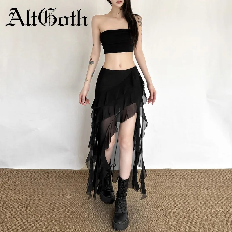 AltGoth Aesthetic Cyber Punk Gothic Mesh Skirt Women Y2k E-girl Streetwear Harajuku Irregular Patchwork High Waist Skirt Female