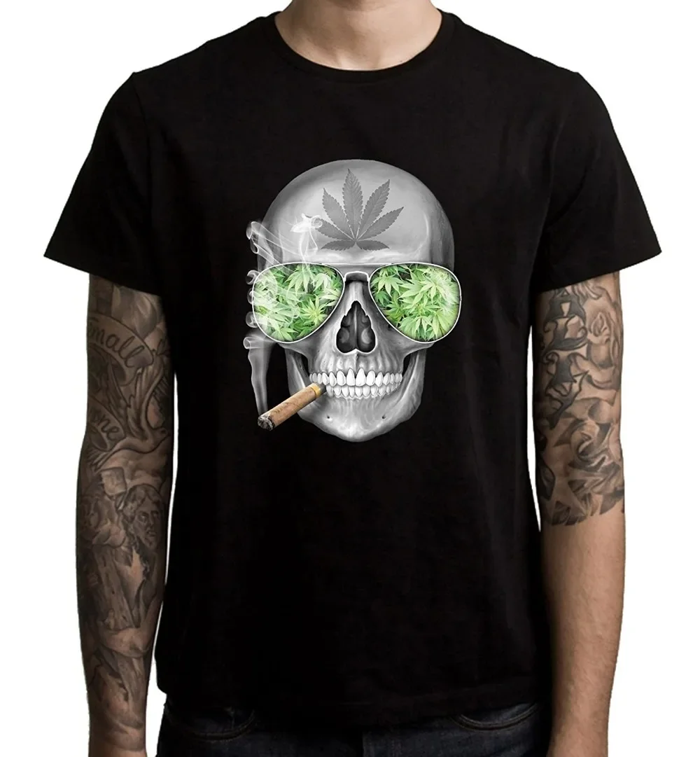 

Marijuana Weed Cannabis Leaf Skull Smoking Hip Hop T-Shirt 100% Cotton O-Neck Summer Short Sleeve Casual Mens T-shirt Size S-3XL