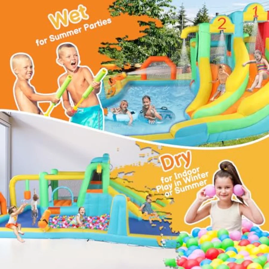 Opblaasbaar springhuis, springende buitenluchtkasteel uitsmijter dubbele waterglijbaan met 750W luchtblazer (250" x 157,5" x 90,6" H
