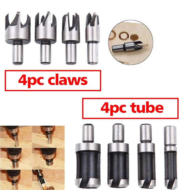 8 Stuks Houten Plug Cutter Boor Snijgereedschap Boor Set Rechte En Tapered Taper 5/8 "1/2" 3/8 "1/4" Houtbewerking Kurk Boor