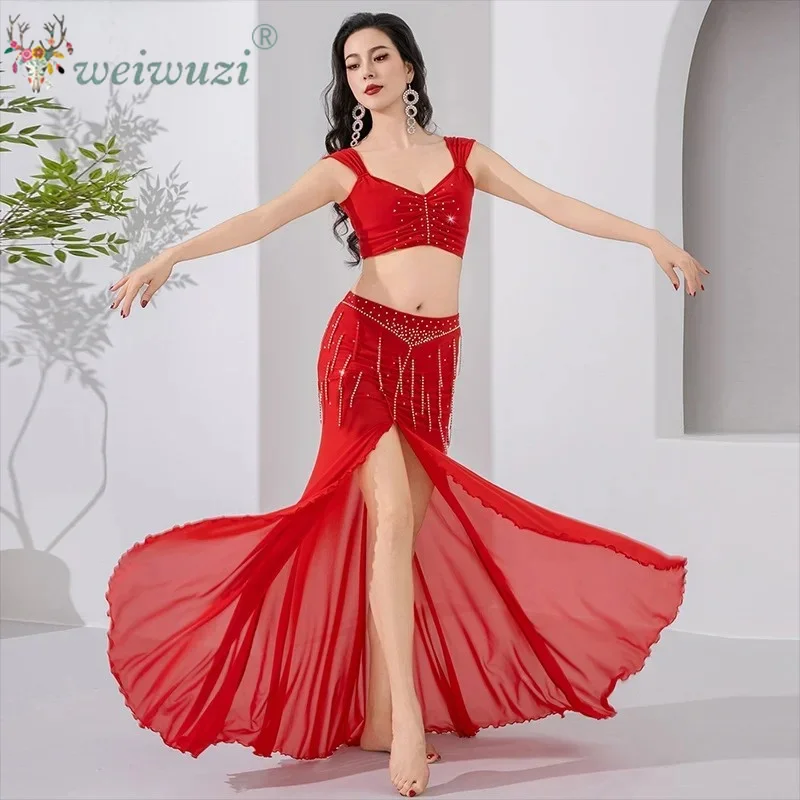 Belly Dance Performance Costume Adult Women LuxurySexy Rhinestones Mesh Top+Split Skirt 2pcs Folk Oriental Dance Practice Outfit
