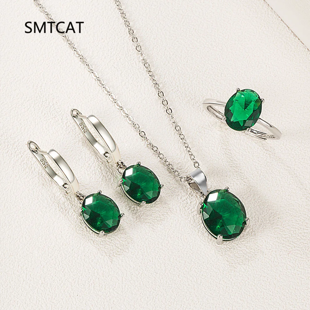Oval Green Simulated Nano Emerald 925 Sterling Silver Jewelry Set Necklace+Earring+Ring for Women Gemstone Statement Jewelry