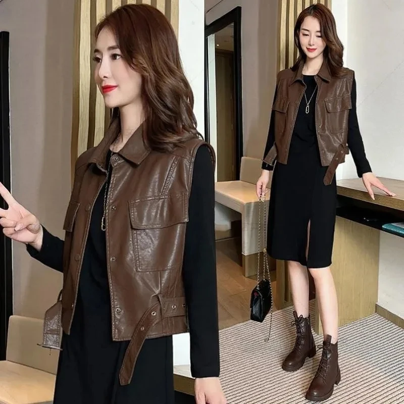 

PU Leather Vest Women Turn-down Collar Single-breasted Solid Gilet Spring Autumn Casual Sleeveless Short Jacket Female Waistcoat