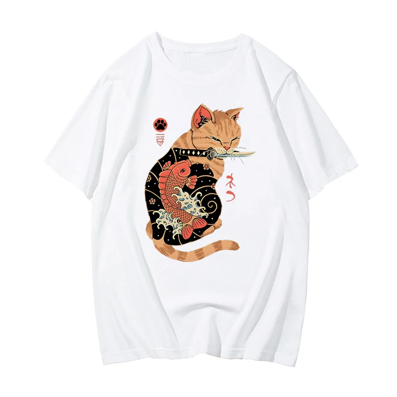 Samurai Cat Tshirt 100% Cotton T-shirt Mens Graphic T Shirt Summer Short Sleeve Tops Casual Tshirt For Male Printing Tees