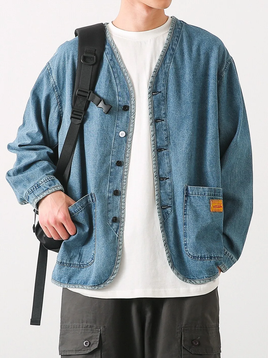 Retro Japanese Style Men's Denim Jacket Long Sleeve No Collar Washed Spring Autumn New Fashion Youth Outerwear Trendy
