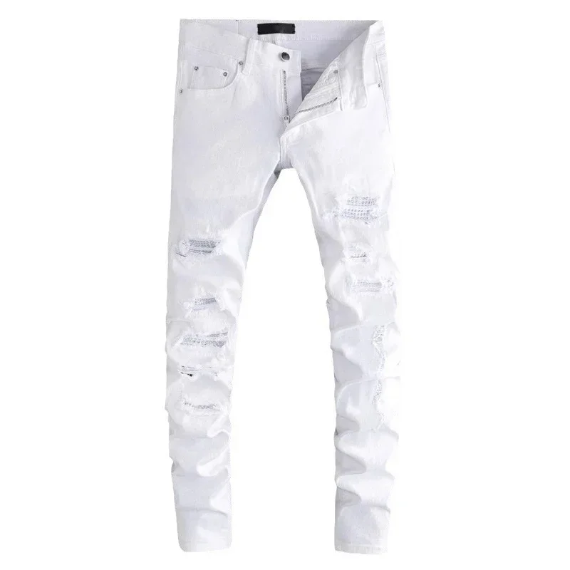 

High Street Fashion Men Jeans White Elastic Stretch Skinny Ripped Jeans Men Beading Patched Designer Hip Hop Brand Pants Hombre