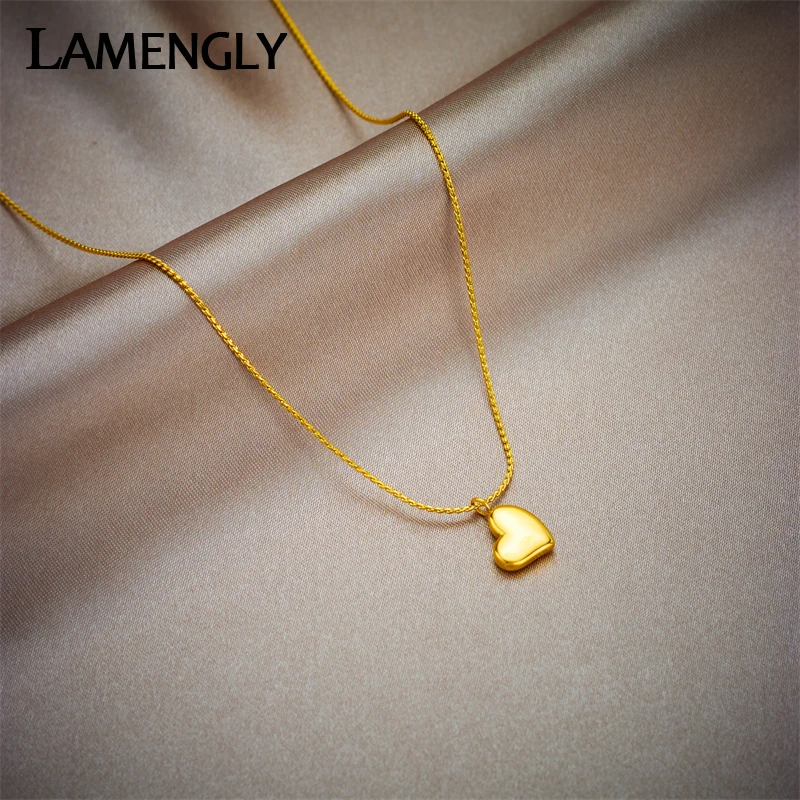 LAMENGLY 316L Stainless Steel Gold Color Heart Pendant Necklace For Women New Simple Girls Neck Chain Jewelry Gifts Accessories