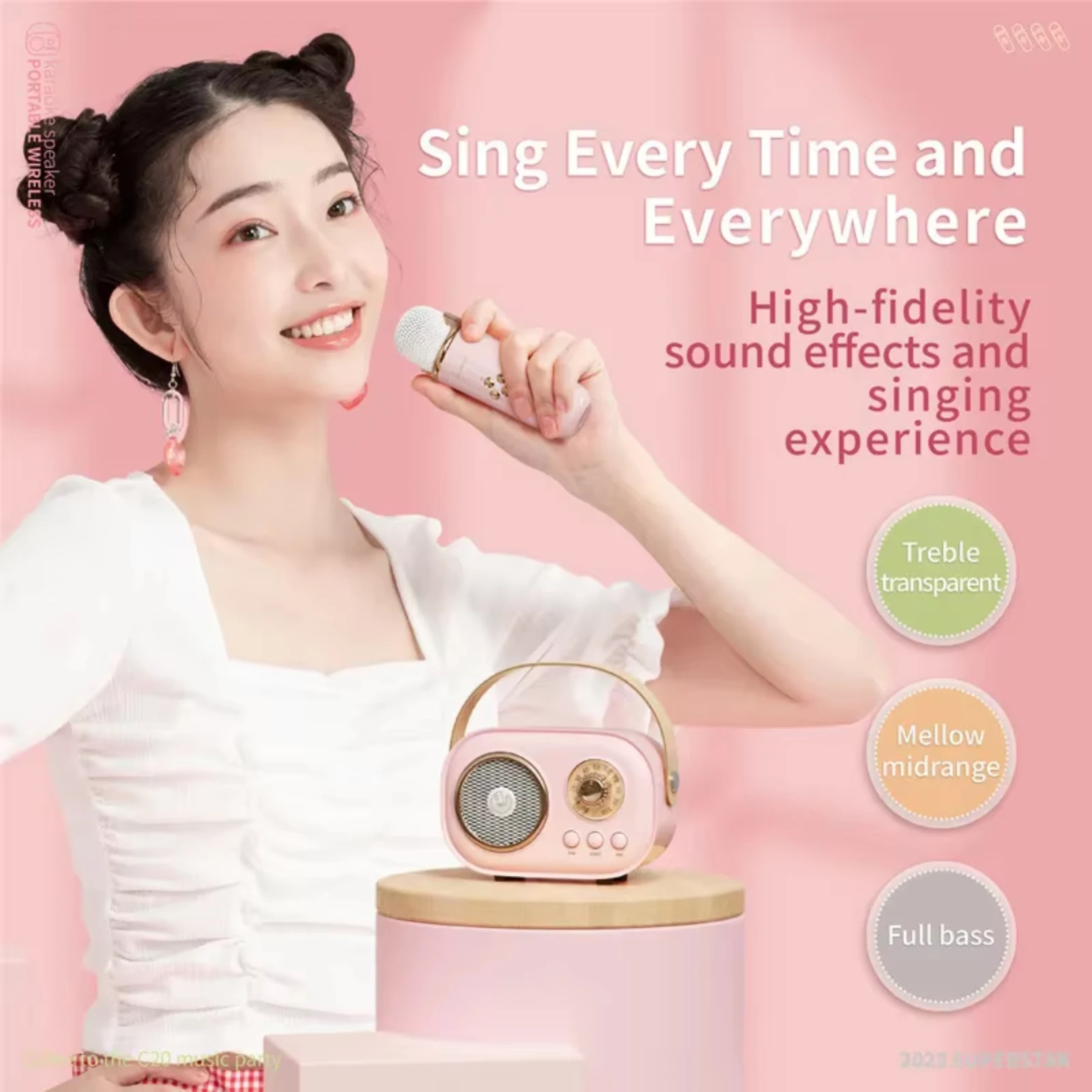 Speaker Bluetooth Karaoke Retro Model C20 Plus portabel dengan 2 mikrofon nirkabel speaker 52mm 4Ω 5W baterai 7.4V 1000mAh