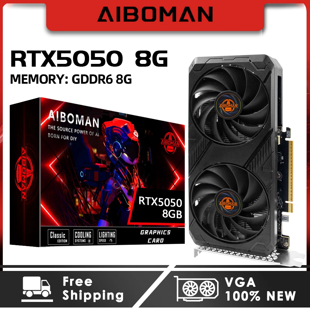 AIBOMAN RTX5050 8GB Graphics Cards GDDR6 5NM 128BIT 130W PCIE-5.0 HDMI*1 DP*3 Desktop Video Card for PC Gaming