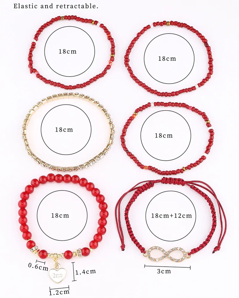 Kymyad Ethnic Style Multilayer Bracelet Sets Handmade Beads Crystal Mixed Bracelet for Women Heart Charm ELastic Bracelet Femme