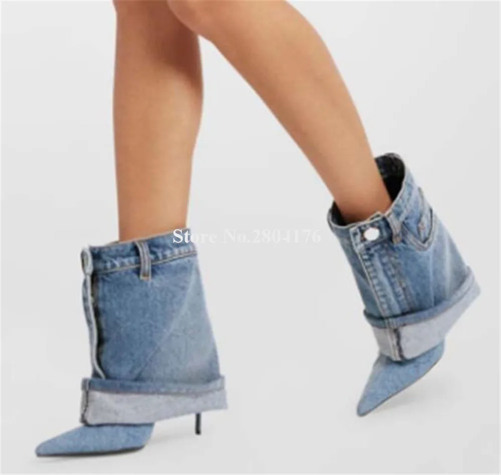 

Newest Blue Denim Thin Heel Short Boots Sexy Pointed Toe Pockets Decorated Slip-on Stiletto Heel Ankle Booties