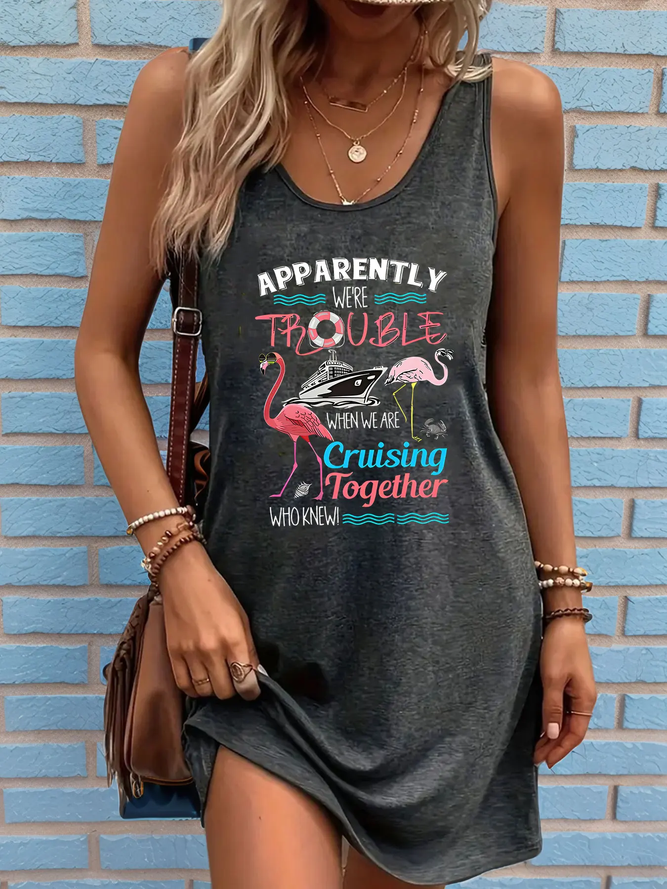 Vestido sin mangas de verano para mujer, holgado y casual, con cuello redondo y estampado de flamencos, cruceros y ondas.