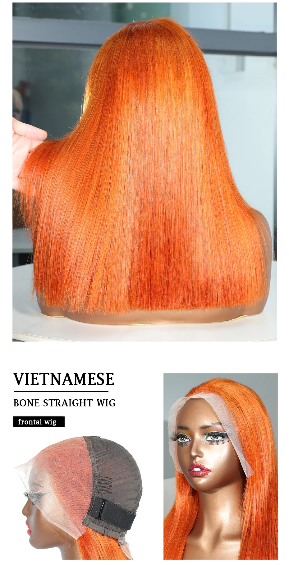 Orange Ginger 13x4 Lace Frontal Bob Perücken 100% Echthaar Doppelt gezogen Knochenglatte gefärbte Perücken Echte 250 Dichte Rohes vietnamesisches Haar – Detail 3