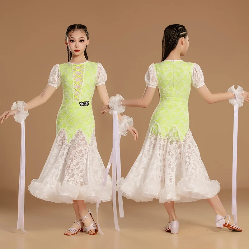

Children Ballroom Dance Competition Clothing Girls Lace Short Sleeve Bodysuit Big Swing Skirts Modern Dance Stage Dress DN20362