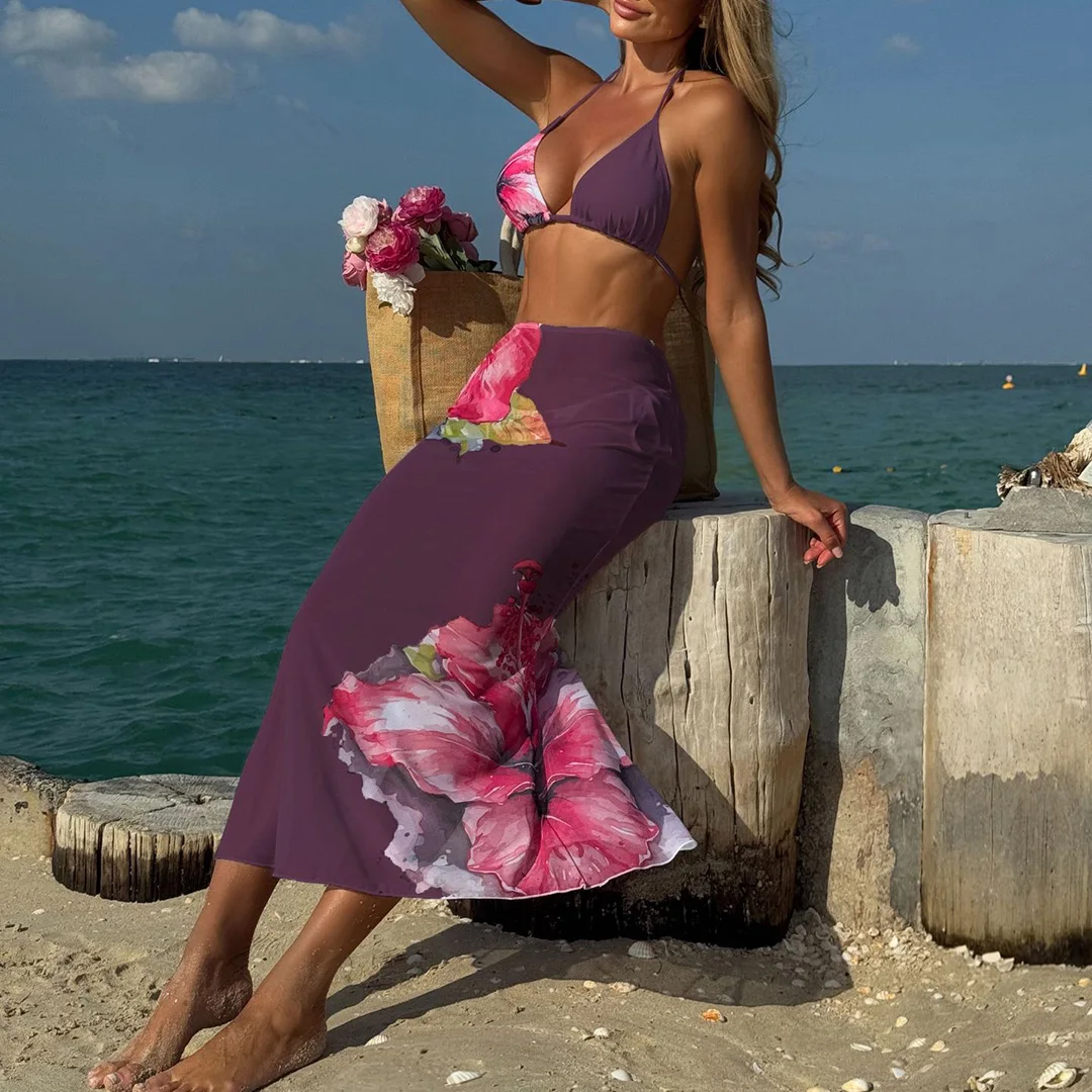 Blumenmuster mit Rock, Neckholder-Bikini, Damen-Badebekleidung, dreiteiliges Bikini-Set, Damen-Badeanzug, Badebekleidung, Badeanzug, Schwimmkleidung V6637 – Detail 18