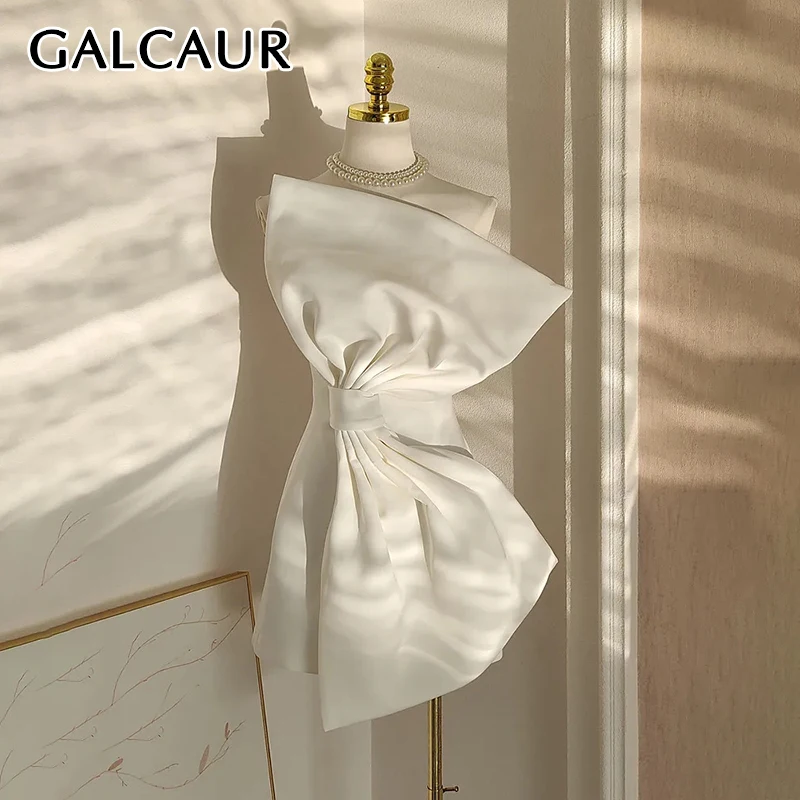 

GALCAUR Spliced Bowknot Dress For Women Strapless Sleeveless High Waist Bckless Asymmetrical Dresses Female New Summer Clothes