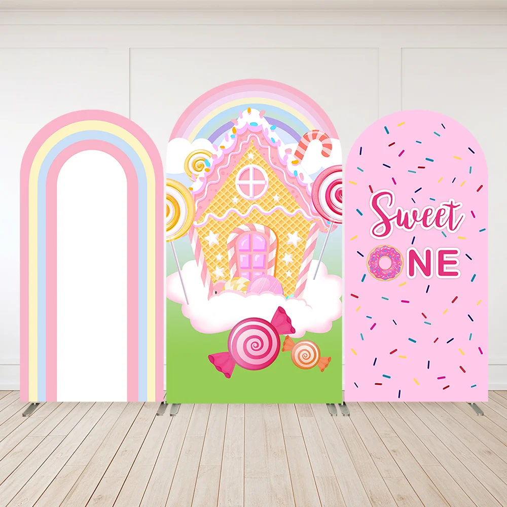 Candyland Open Arch Backdrop Cover Donut Sweet Girls 1st Birthday Background for Photography Kids Birthday Party Wall Decoration