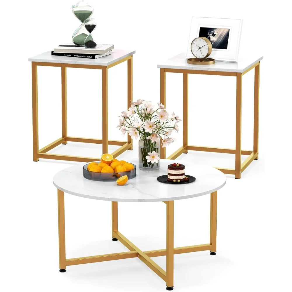 

Coffee Table Set of 3, Round Faux Marble Coffee Table and 2 Square End Side Tables with Metal Frame, Modern 3-Piece