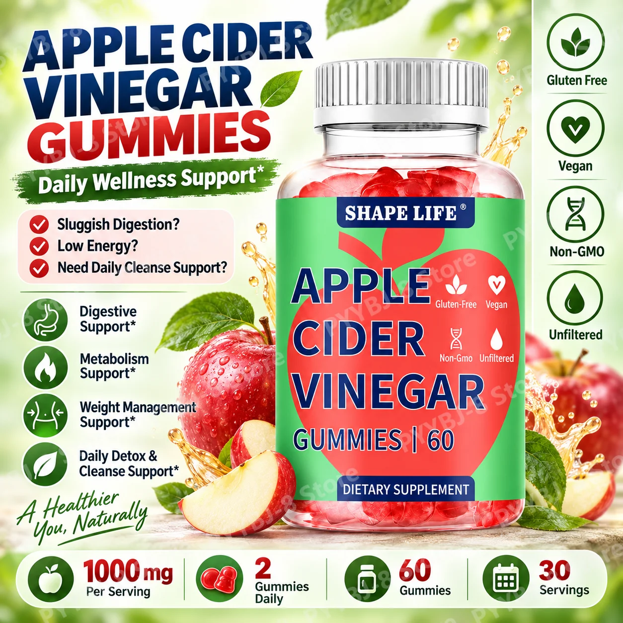 Apple Cider Vinegar Gummies Digestive System Support, Weight Management Support, Gluten-Free & Vegan, 60 Gummies