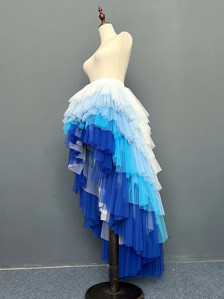 Ice Cream Blue Gradient Long Trailing Beach Photo Activity Mesh Half-Length Puffy Cake Dress Stage Show