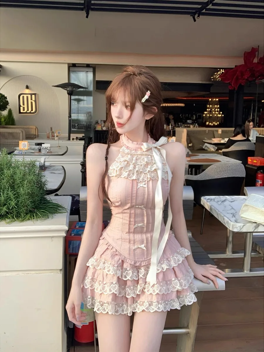 

Летний комплект: топ и юбка-трапеция с завышенной талией для женщин, с лентами и кружевной отделкой