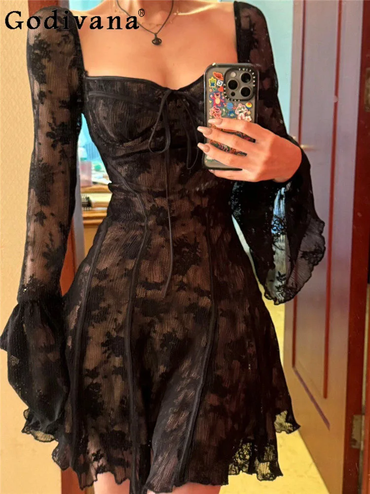 

Large Size Women French Retro Lace Flared Sleeve Dresses Spring Summer Temperament High Waist A-line Fashion Versatile Dress