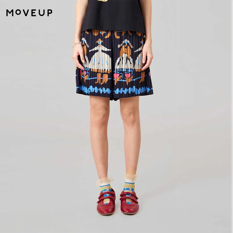 

MOVEUP Casual Wide Leg Shorts 2026 Summer New Character Print Pocket Elastic Waist Pleat Vacation Shorts For Women 3ELX10106