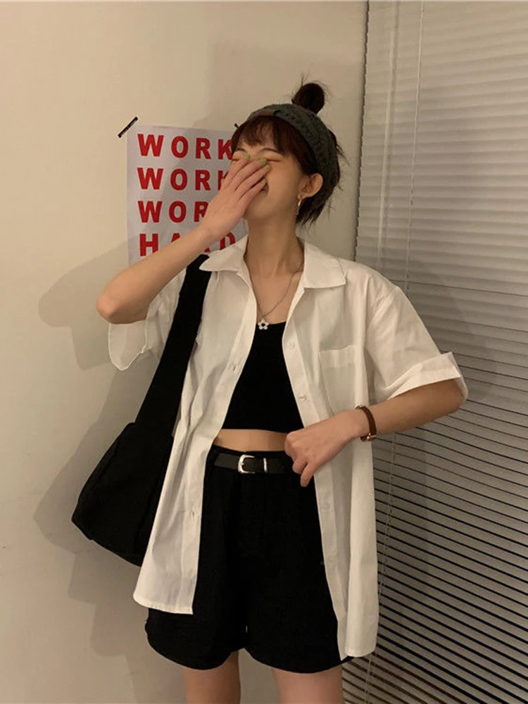 Koszule damskie chłopięce minimalistyczny styl OL letnie krótkie rękawy Feminina topy eleganckie koreańskie na wszystkie mecze modne ubrania dla uczennic — zdjęcie 2